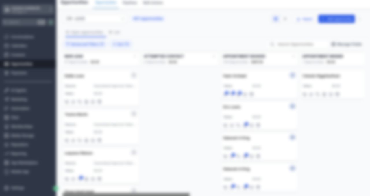 Live CRM pipeline with hundreds of opportunities, client names blurred